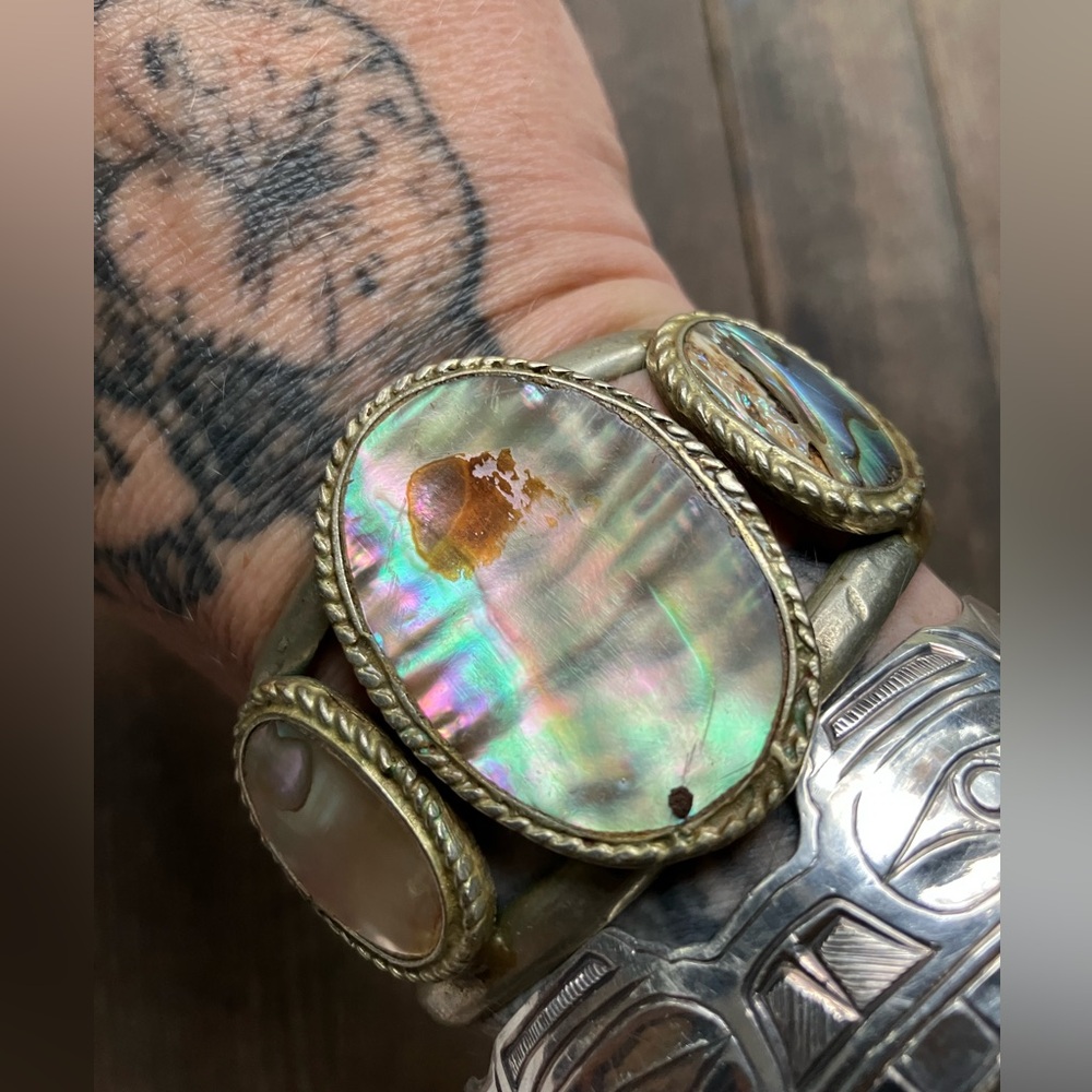 Abalone Shell Statement Cuff Bracelet - Iridescent Green